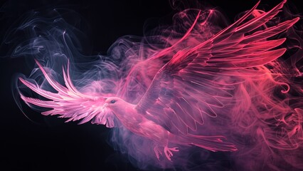 Pink smoky bird flying on the dark background