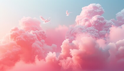 Pink cloudscape with two white flying birds