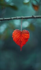 Heartfelt Nature. Red Heart-Shaped Leaf Hanging from a Branch, Set Against a Softly Blurred Green Background.