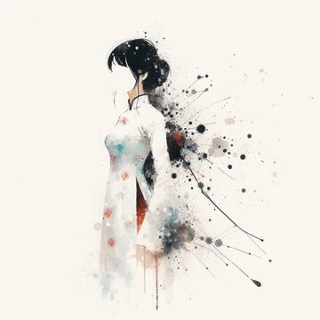 Vietnamese girl wearing traditional clothes aodai in splash ink painting with Generative AI.