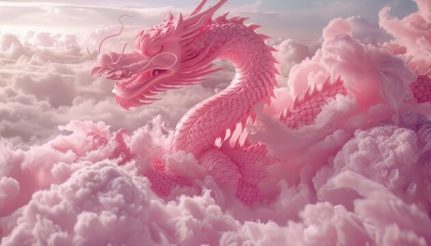 Pink dragon in the pink clouds in the sky