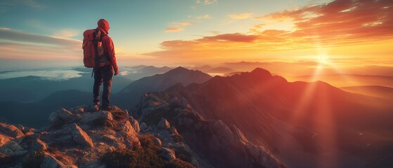 adventure in the mountains: A hiker travels through breathtaking outdoor landscapes, capturing the essence of exploration and freedom - obrazy, fototapety, plakaty