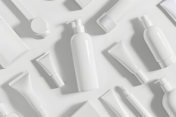 シンプルで白色のスキンケア用ボトルの化粧品をディスプレイしている美容広告写真