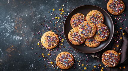 Vibrant professional food photography of frosted sugar cookies adorned with colorful sprinkles