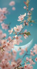 Enchanting Spring. Close-Up of Cherry Blossoms and Green Leaves Under a Turquoise Sky with a Crescent Moon, Bathed in Fantasy Pastel Colors.