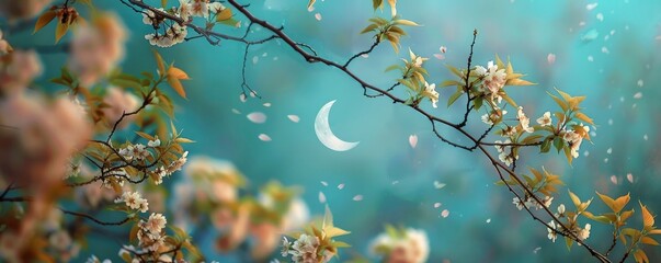 Enchanting Spring. Close-Up of Cherry Blossoms and Green Leaves Under a Turquoise Sky with a Crescent Moon, Bathed in Fantasy Pastel Colors.