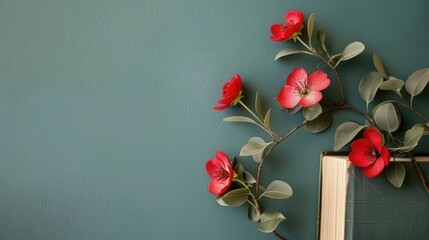 Dainty red flowers with book - obrazy, fototapety, plakaty
