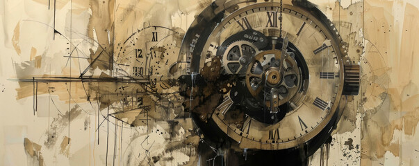Fototapeta na wymiar A vibrant and intricate painting depicting a clock proudly hanging on a wall, its hands frozen in time, capturing the essence of the passage of time. Banner. Copy space