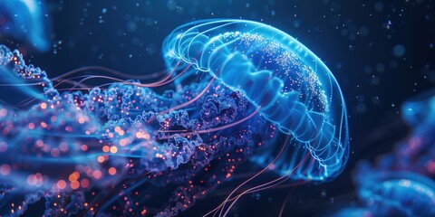 Closeup of Several Beautiful Moon Vibrant Bioluminescent Blue Jellyfish