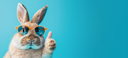 Easter bunny  with sunglasses, giving thumb up, isolated on blue background,