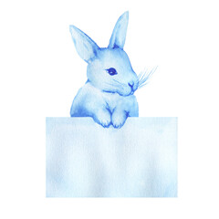 Cute blue bunny holding a sign with copy space for text. Hand drawn watercolor painting illustration isolated on white background