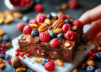 Close up of delicious brownie cake with nuts and berries on dark background, front view