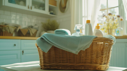A wicker basket with fresh towels and cleaning supplies - obrazy, fototapety, plakaty