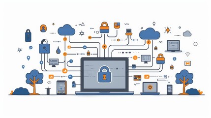 Flat illustration of security center. Lock with chain around laptop.