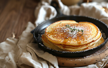 Delicious pancakes on frying pan, top view - 761289511