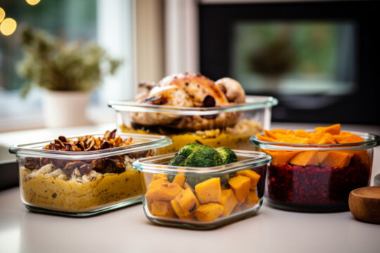 Prepped Meal Containers on Kitchen Counter
