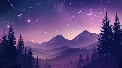 Fototapeta na wymiar Mountain with pine trees forest with stars and moon galaxies on dynamic purple color. AI generated
