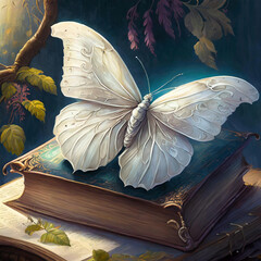 책 위에 앉은 흰 나비 - obrazy, fototapety, plakaty