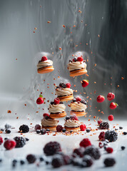 Flying cakes with cream and berries, front view