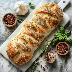 Tasty  gluten free bread on kitchen table with herbs and seasoning, top view - 761289927