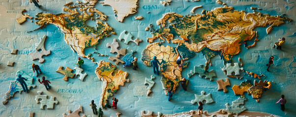 A vibrant map of world crafted entirely from intricate puzzle pieces, showcasing interconnected nature of our planet through artful design. Global Challenges. Economic relations. Banner. Copy space - obrazy, fototapety, plakaty