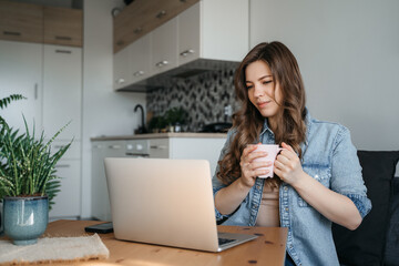 Happy smiling woman sitting on couch, couch and using laptop in living room at home, watching funny video, learning language, video calling, mother working online