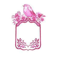 Pink frame with space for copying text, decorated with flowers and a bird. Hand drawn watercolor painting on white background