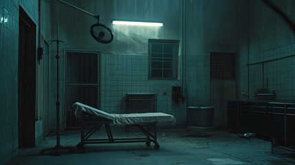 Empty abandoned hospital room in horror style. Halloween and horror movie style concept