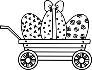 Easter eggs in the cart. Garden Easter wooden wheelbarrow. Contour illustration. Flat, cartoon-like, isolated. Vector illustration for Easter.