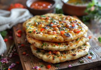 Tasty gluten free chickpeas flatbread with olive oil and salsa sauce on rustic table background - 761290332