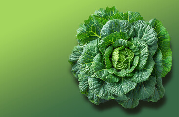 Green head of cabbage on green background with copy space. Healthy vegetables