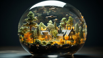 Glass sphere with houses and trees inside. Greenhouse effect and global warming concept. Global climate change illustration.