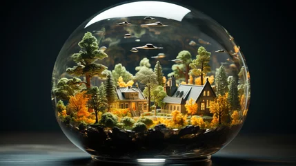 Fotobehang Glass sphere with houses and trees inside. Greenhouse effect and global warming concept. Global climate change illustration. © tynza