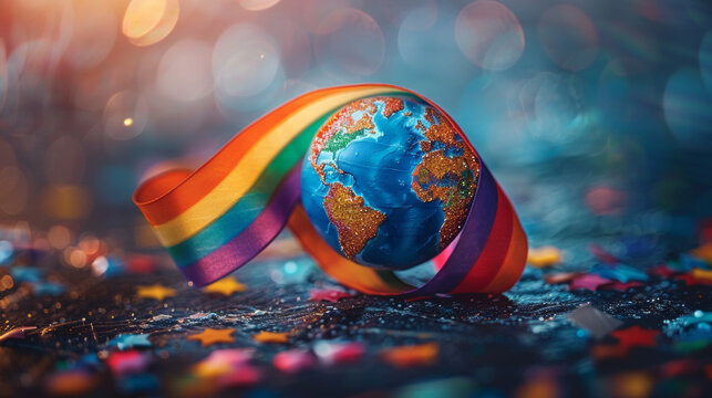 Globe Wrapped in Rainbow Ribbon with Glitter and Bokeh