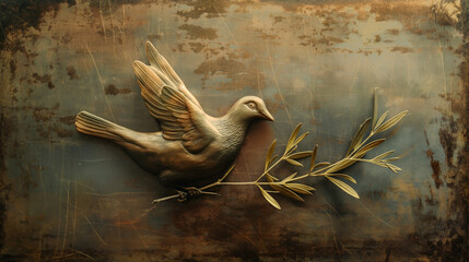 Dove of peace made in copperplate style carrying an olive branch, ai generative