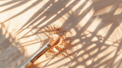 Powder brush close-up with grains of powder, beige background, top view, shadow from a tropical leaf, soft light