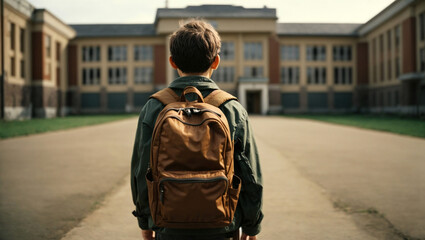 Schoolboy with backpack in front of the school