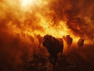 Fototapeta premium Animals and flame engulfed Earth global warming crisis low angle stark shadows