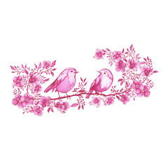 Couple pink robin birds sitting on a branch in Toile de Jouy fabric style. Hand drawn monochrome watercolor painting illustration isolated on white background