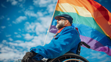 Person in wheelchair holding pride flag - obrazy, fototapety, plakaty