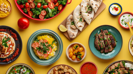 Various traditional dishes of Middle Eastern cuisine on a beautifully served table, top view, flat lay - obrazy, fototapety, plakaty