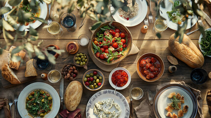 Various Mediterranean dishes on a beautifully served table, top view, soft light, flat lay. Concept...