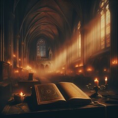 a book at the time of the holy inquisition with a mysterious setting inside a church night ambientation painting old style. - obrazy, fototapety, plakaty