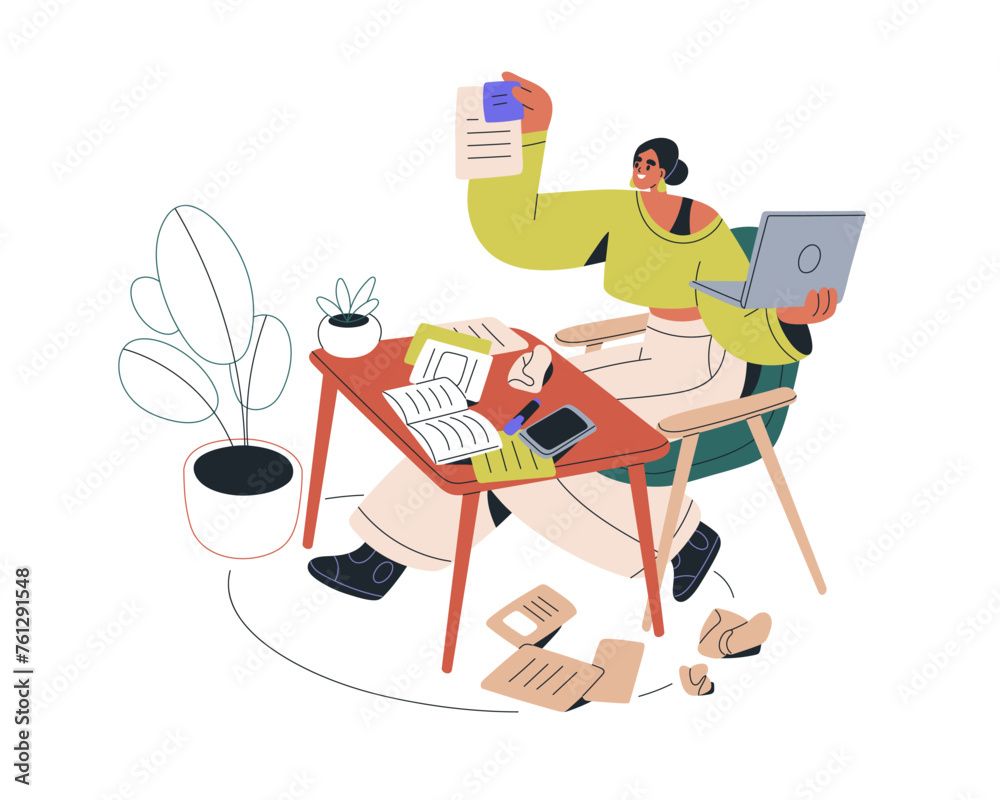 Poster Creative work in mess, chaos. Author, screenwriter creating script, sitting at messy desk with computer and papers. Creativity concept. Flat graphic vector illustration isolated on white background