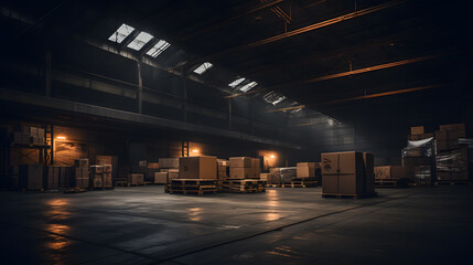 Warehouse interior dark background. Empty warehouse with a box on the floor