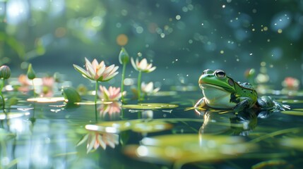 common water frog on a green pond; the frogs are also known as the European common frog or European...