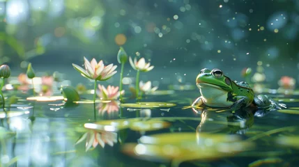 Foto op Canvas common water frog on a green pond  the frogs are also known as the European common frog or European grass fro © ND STOCK