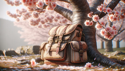 Fototapeta na wymiar backpack at the base of a blossoming cherry tree in a tranquil park setting, highlighting a spring adventure. AI Generated.