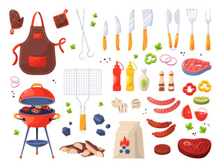 Bbq summer party objects. Barbecue elements, grilled meat, ingredients, picnic furniture, kitchen tools, apron and pot holders, charcoal for outdoor cooking cartoon flat illustration, vector set