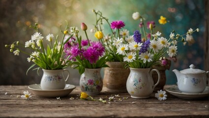 Fototapeta na wymiar An inviting scene of fresh spring flowers in ceramic pots, accompanied by a vintage teapot, expressing home warmth